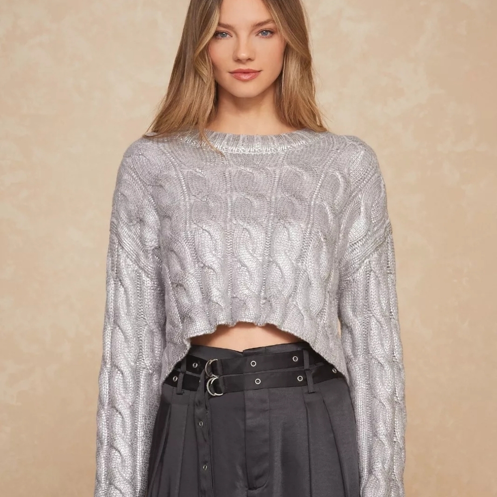NOLI | Silver Cropped Cable Knit Crew Neck Sweater | SZ XL